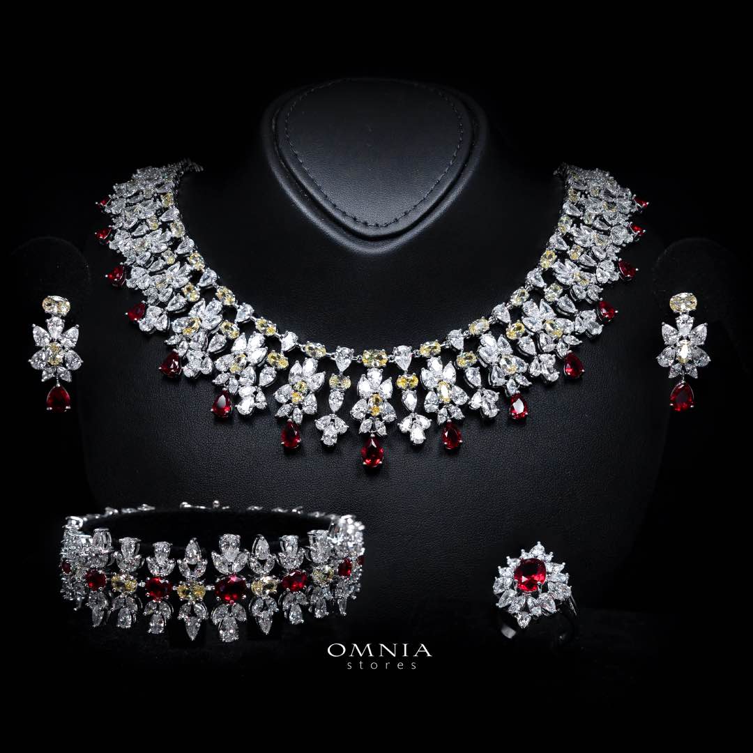 Omnia Dema Red and Yellow Bridal Full Set in High Quality Zircon Stone Rhodium Plated