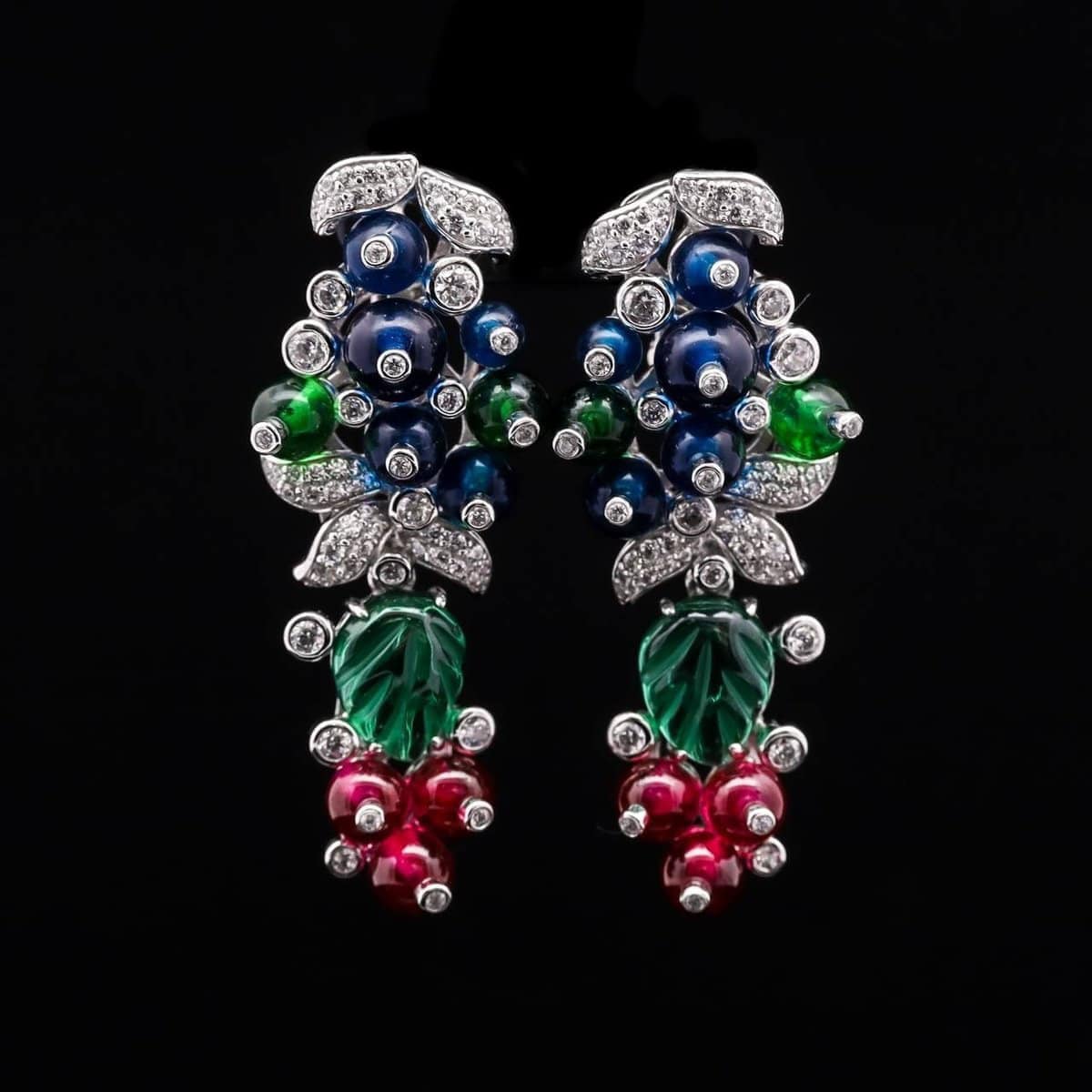 Omnia Berry Vine Earrings with Multicolor Simulated Diamonds and Leaf Design in 92.5 Silver - OMNIASTORES UAE