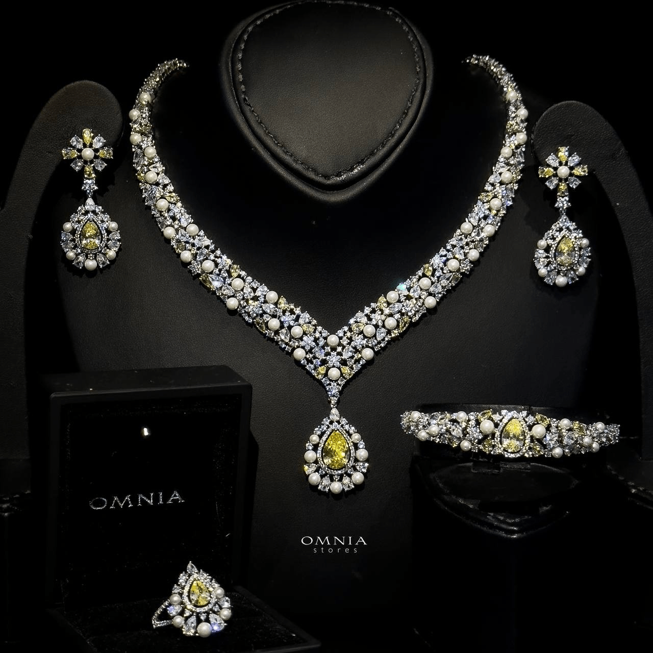 Omnia Rawan Yellow Bridal Full Set High Quality Zircon Stone in Rhodium Plated - OMNIASTORES UAE