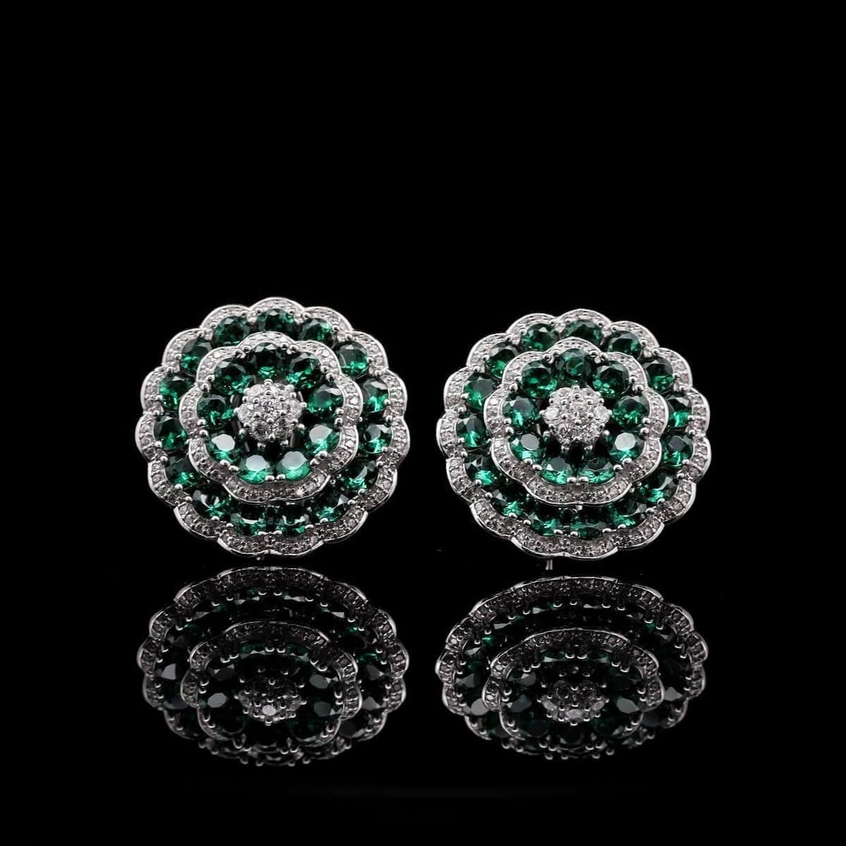 Omnia Floral Halo Earrings with Emerald Green Simulated Diamonds in 92.5 Silver - OMNIASTORES UAE