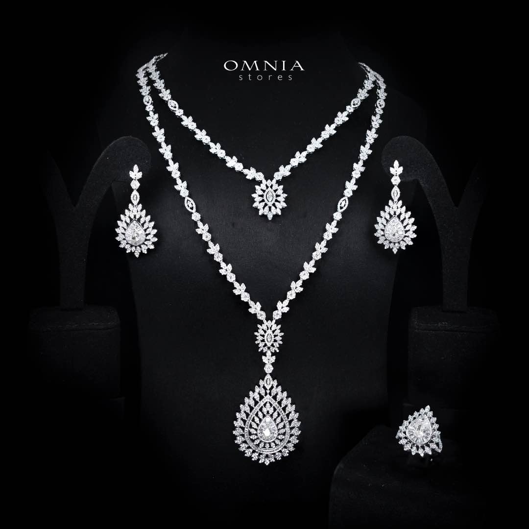 Omnia Keyla White Luxury Bridal Long Chain Full Set in High Quality Zircon Stone Rhodium Plated