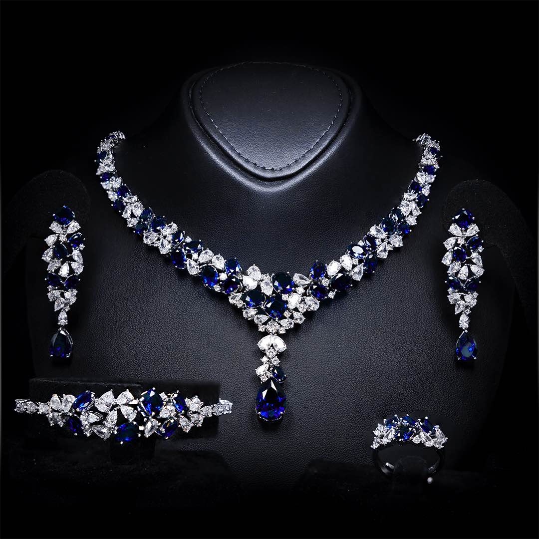 Omnia Reman Blue Bridal Full Set in High Quality Zircon Stone Premium Rhodium Plated