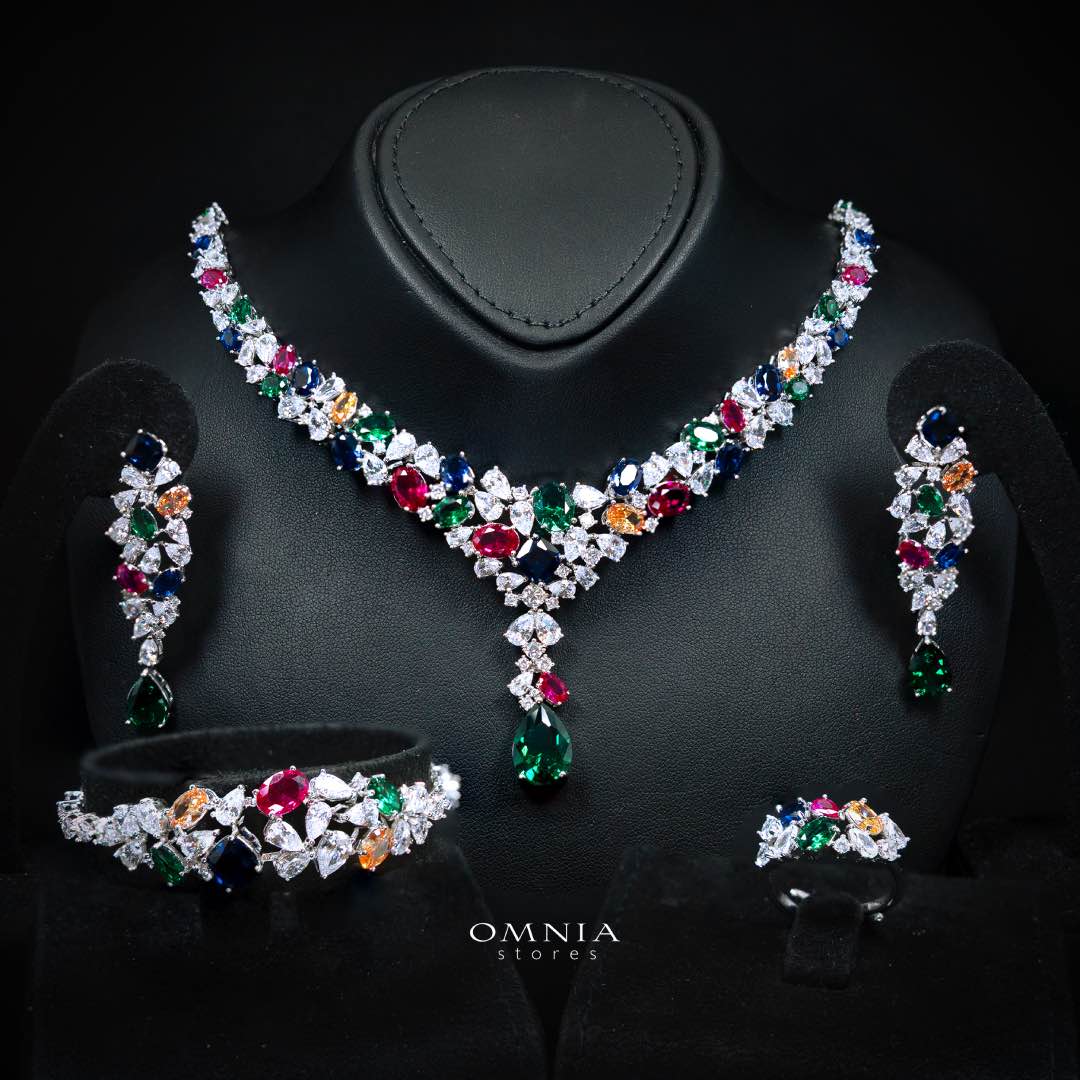 Omnia Reman Multi-color Bridal Full Set in High Quality Zircon Stone in Rhodium Plated