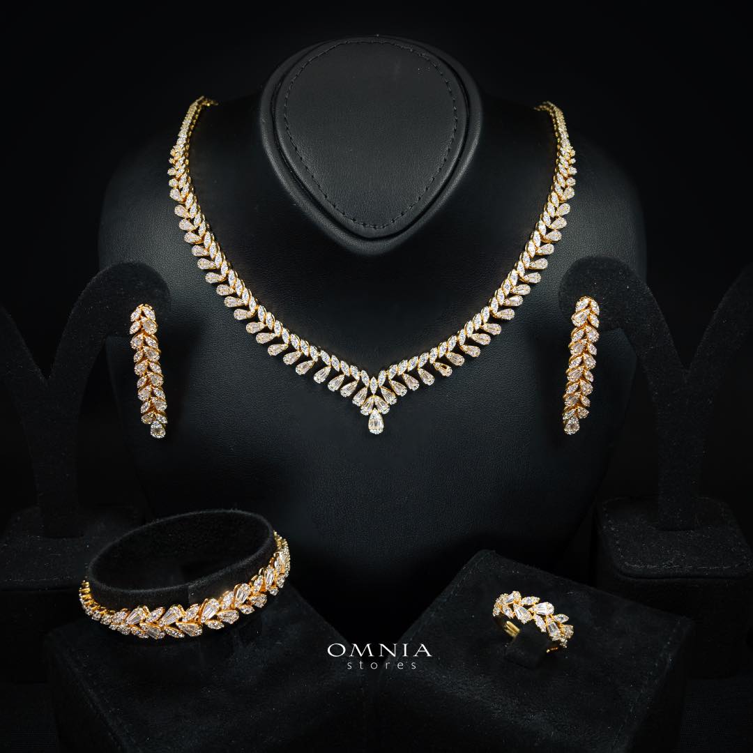 Omnia Aseel Gold Bridal Full Set Accessories in High Quality Zircon Stone Rhodium Plated