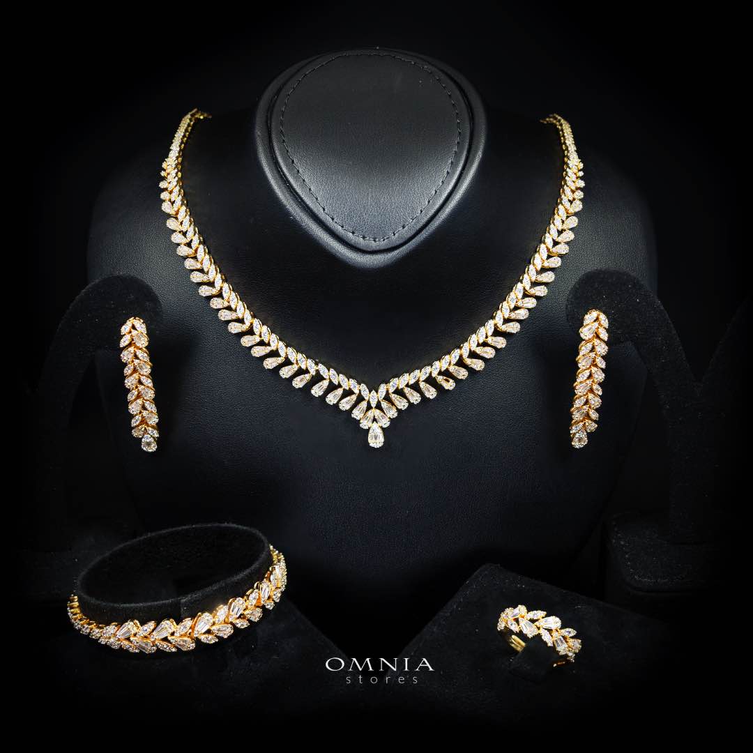 Omnia Aseel Gold Bridal Full Set Accessories in High Quality Zircon Stone Rhodium Plated