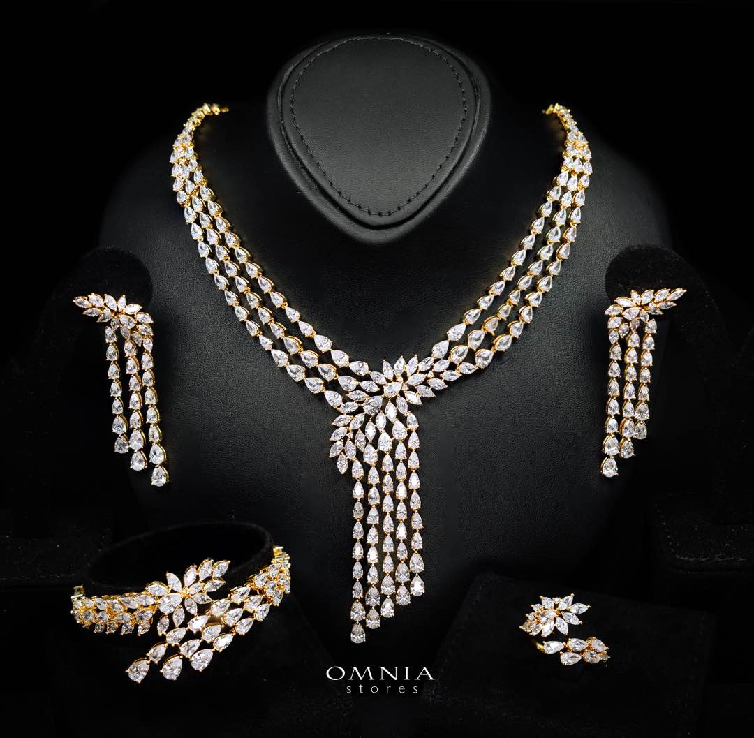 Omnia Rahaf Golden Bridal Full Set in High Quality Zircon Stone in Rhodium Plated