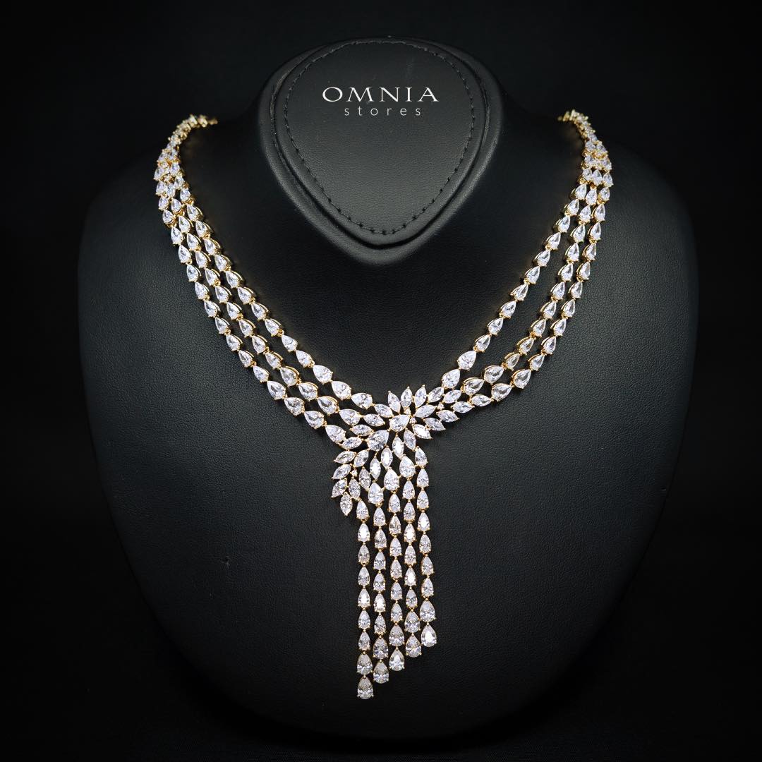 Omnia Rahaf Golden Bridal Full Set in High Quality Zircon Stone in Rhodium Plated