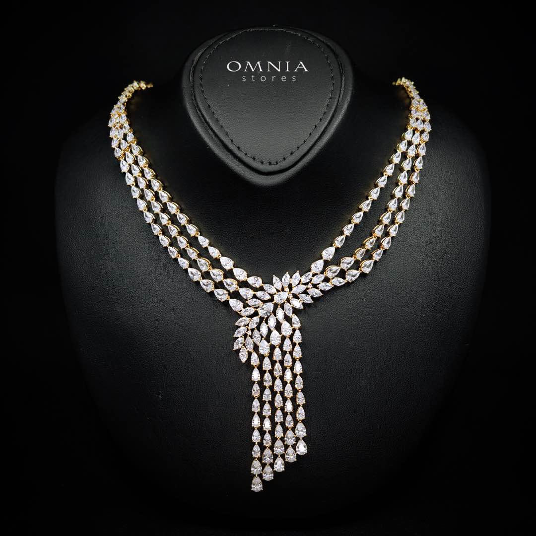 Omnia Rahaf Golden Bridal Full Set in High Quality Zircon Stone in Rhodium Plated