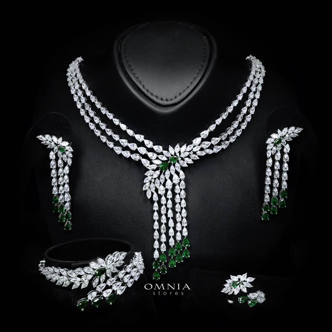 Omnia Rahaf Green Bridal Full Set in High Quality Zircon Stone in Rhodium Plated