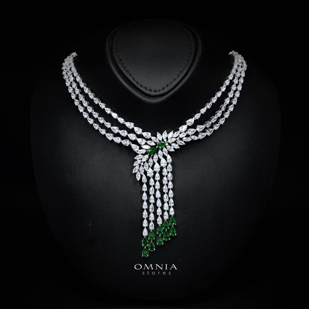 Omnia Rahaf Green Bridal Full Set in High Quality Zircon Stone in Rhodium Plated
