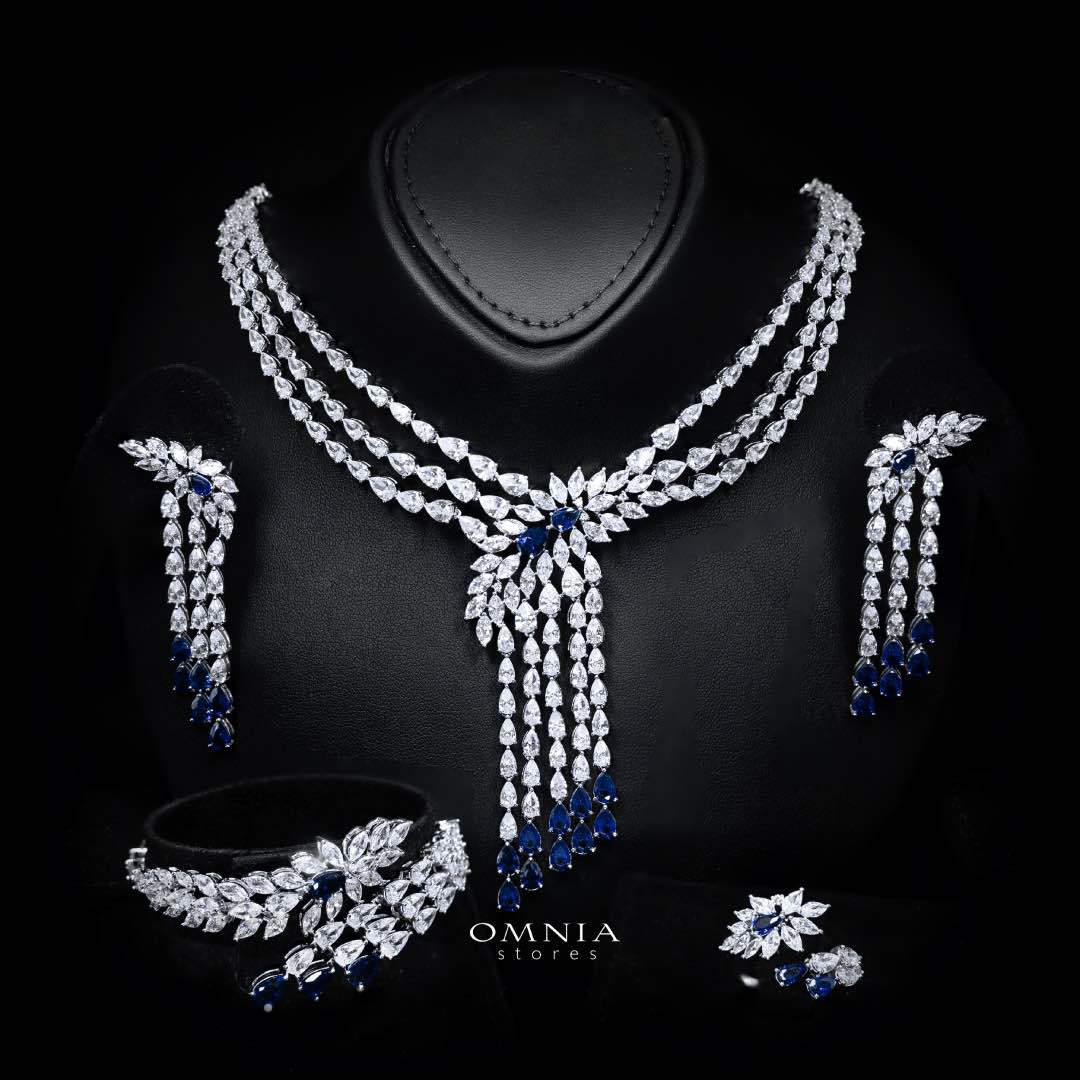Omnia Rahaf Blue Bridal Full Set in High Quality Zircon Stone in Rhodium Plated
