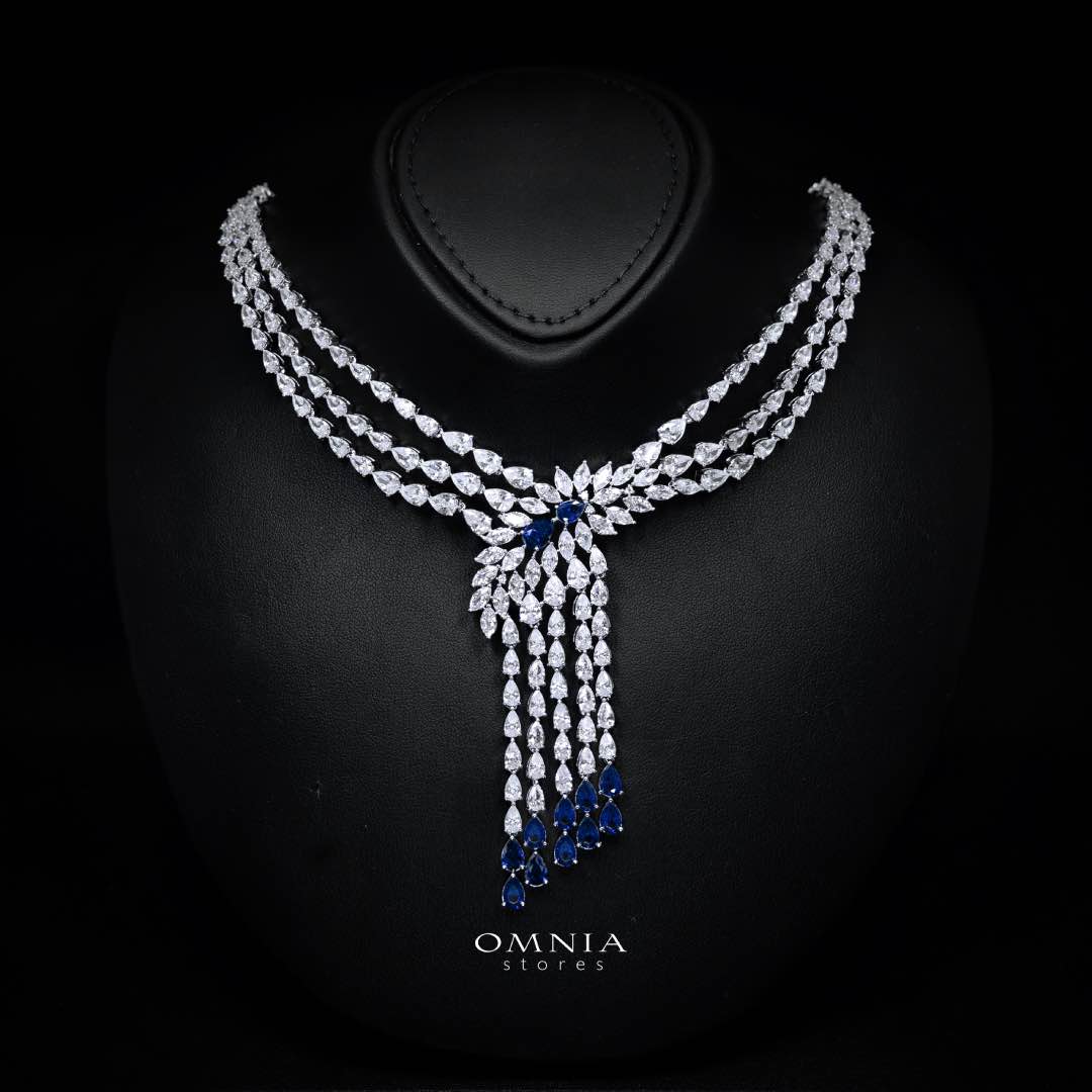 Omnia Rahaf Blue Bridal Full Set in High Quality Zircon Stone in Rhodium Plated
