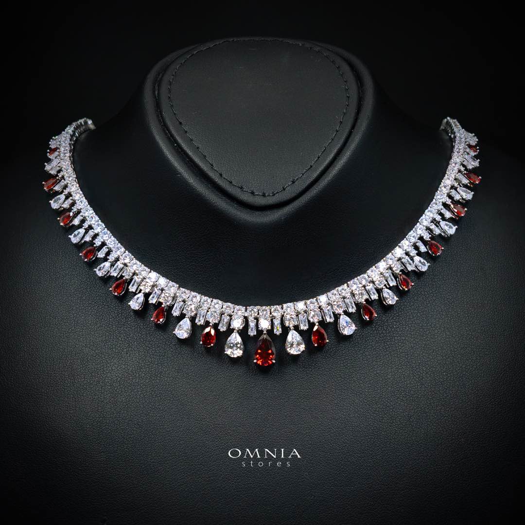 Omnia Nisrine Red Bridal Full Set Accessories in High Quality Zircon Stone in Rhodium Plated