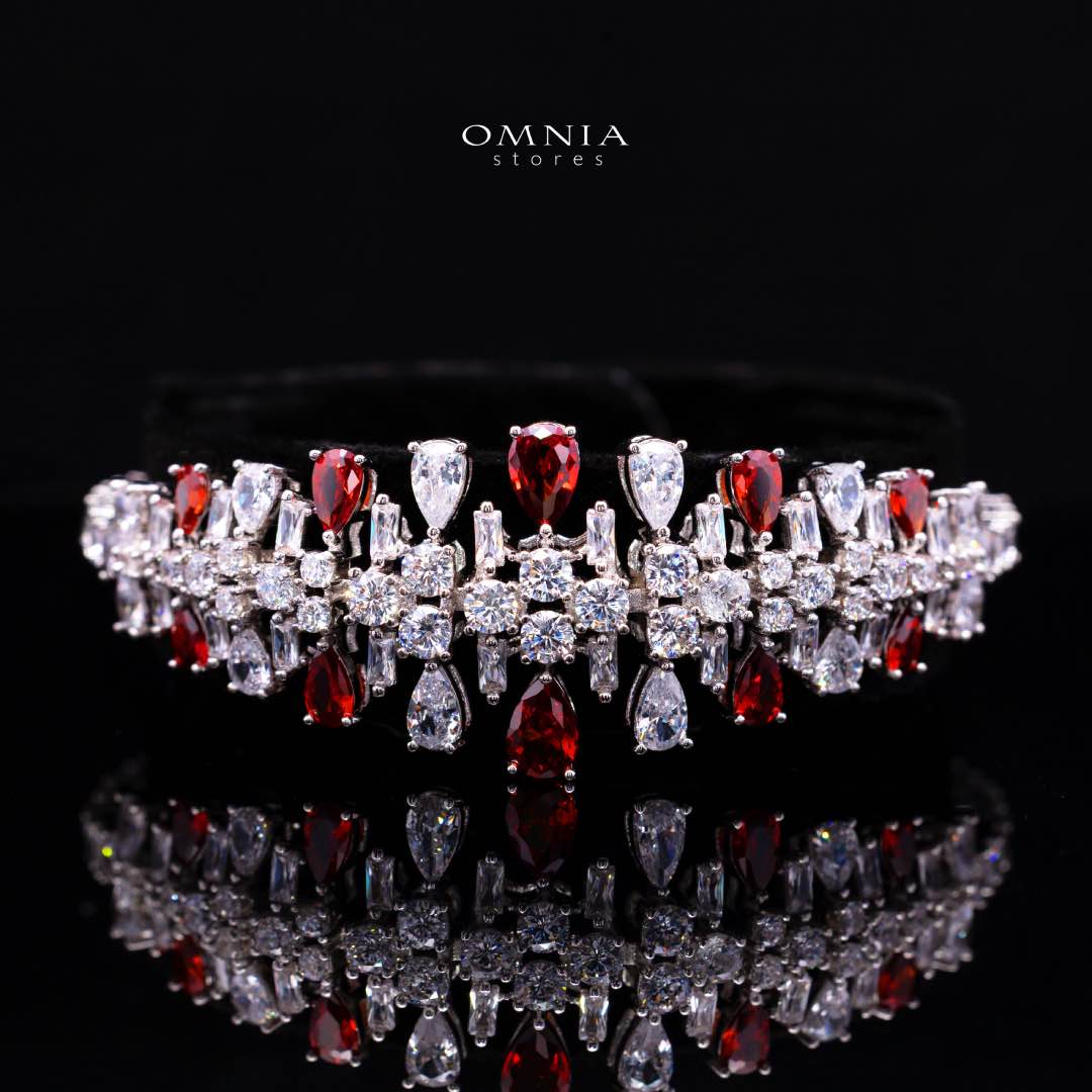 Omnia Nisrine Red Bridal Full Set Accessories in High Quality Zircon Stone in Rhodium Plated
