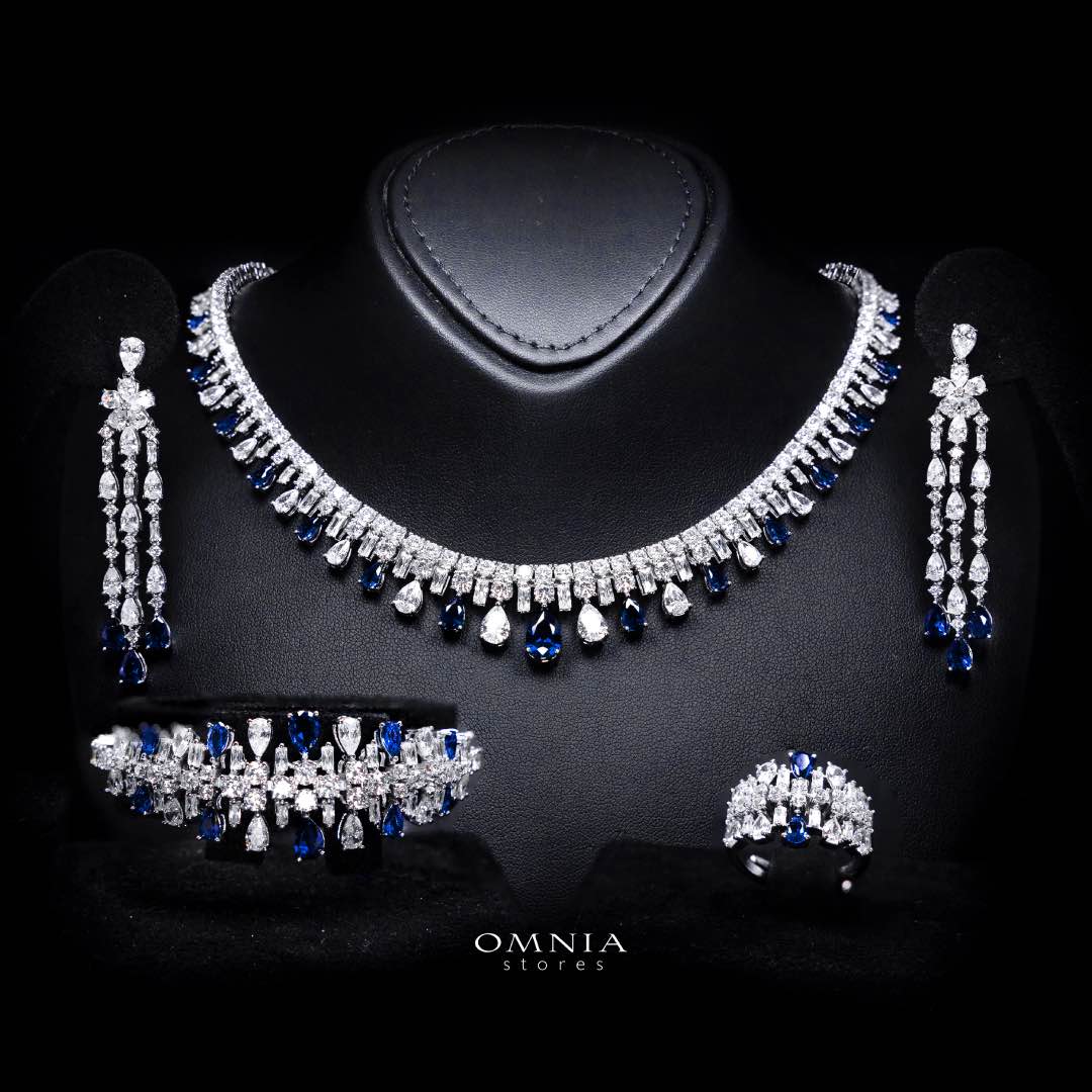 Omnia Nisrine Blue Bridal Full Set in High Quality Zircon Stone in Rhodium Plated