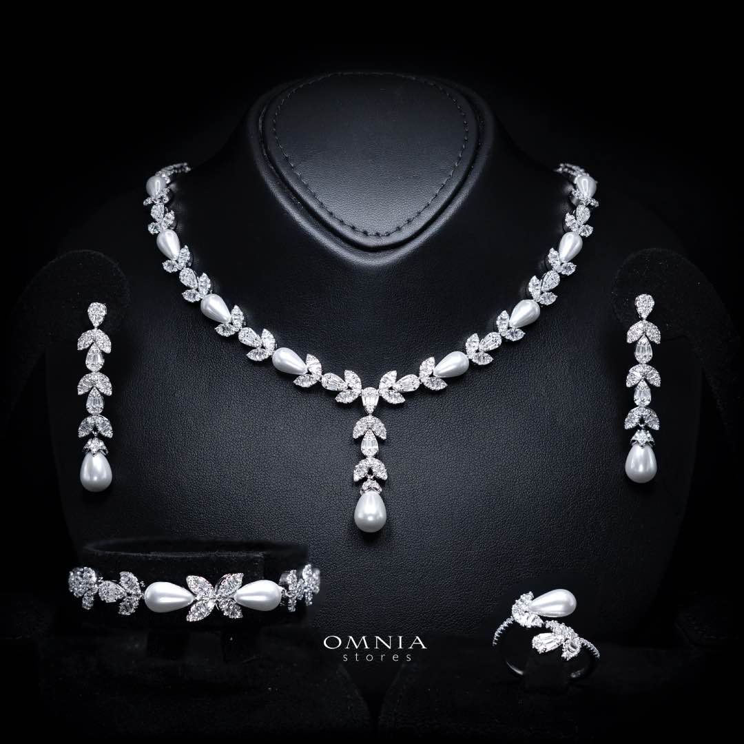 Omnia Shamsa White Pearl Luxury Bridal Full Set in High Quality Rhodium Plated Zircon Stones