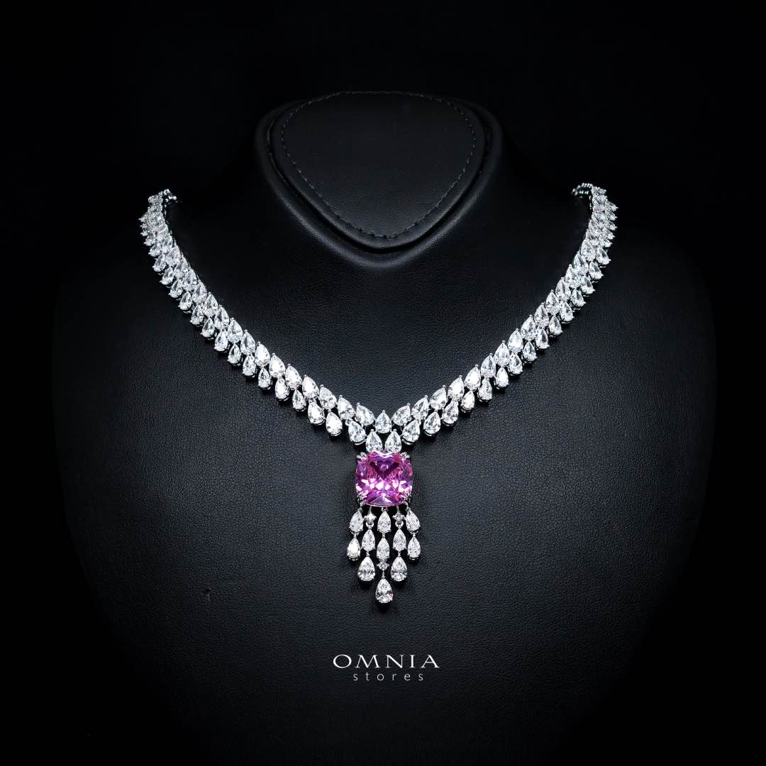 Omnia Nazaha Bridal Full Set in Rhodium Plated with High Quality White and Pink Zircon Stones