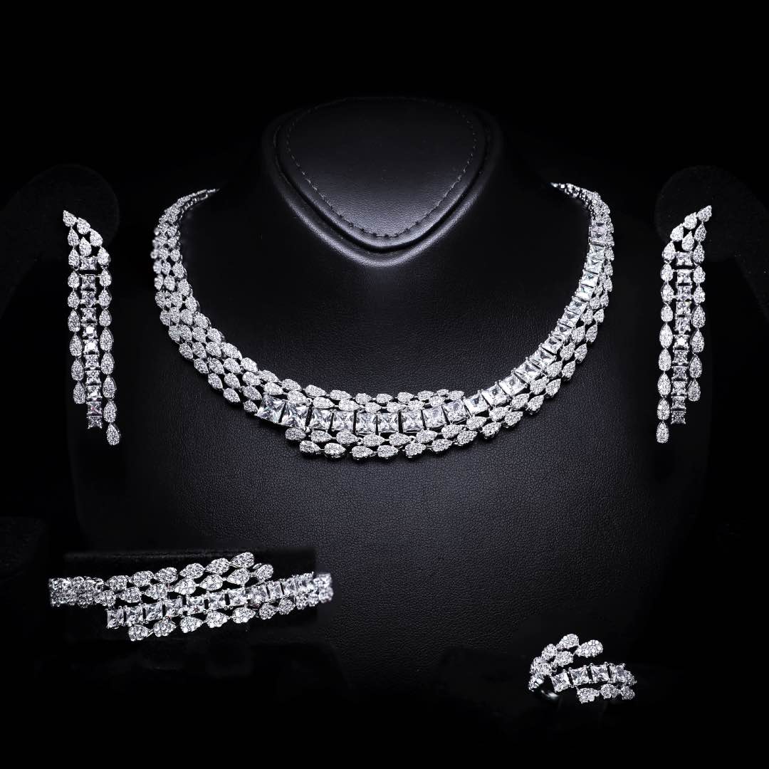 Omnia Trinity White Luxury Bridal Full Set in High Quality Simulated Diamonds Premium Rhodium Plated