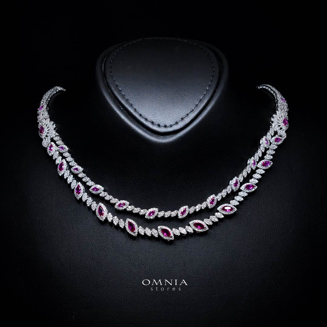 Omnia Nada Maroon Bridal Full Set in High Quality Zircon Stone Rhodium Plated