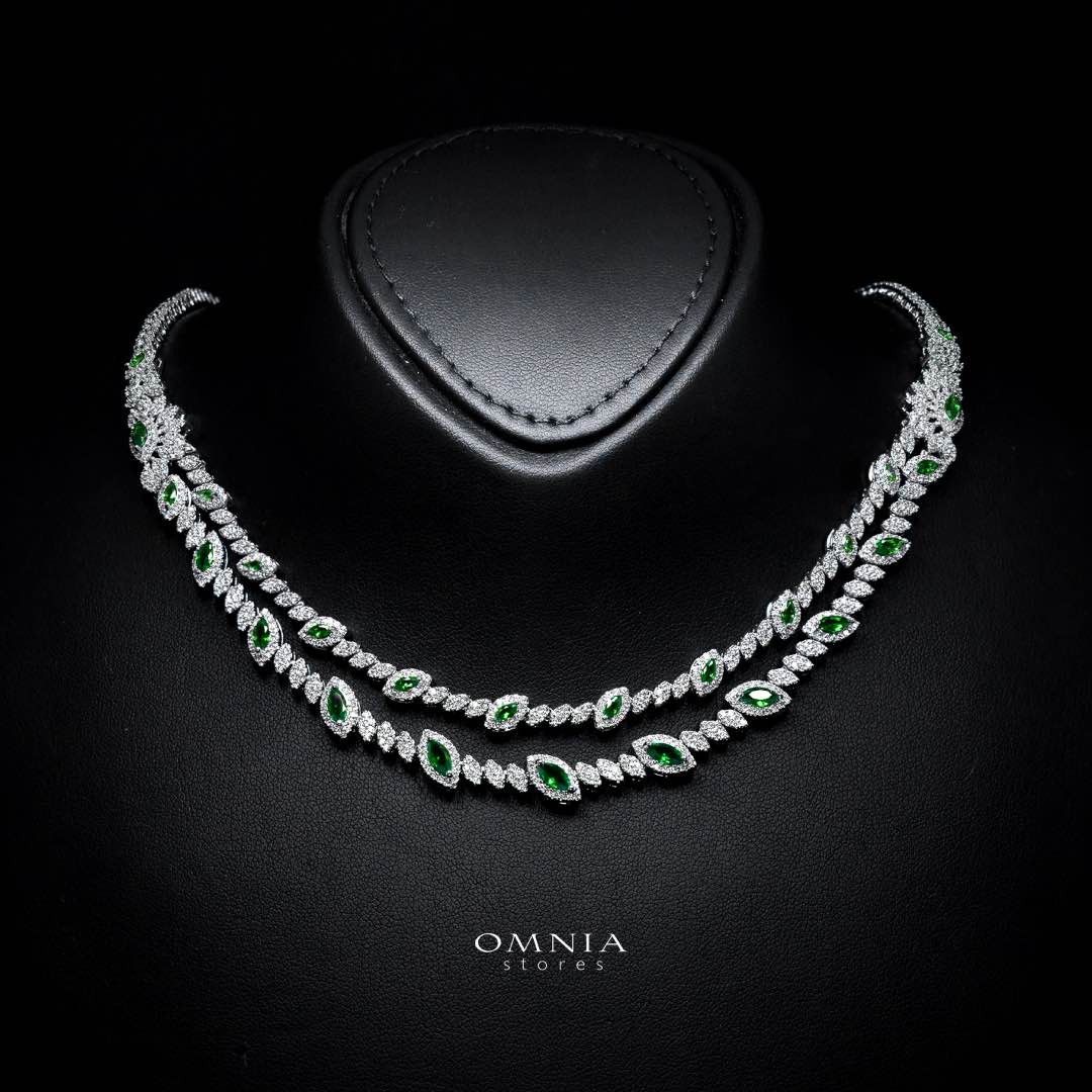 Omnia Nada Green Bridal Full Set Accessories in High Quality Zircon Stone Rhodium Plated