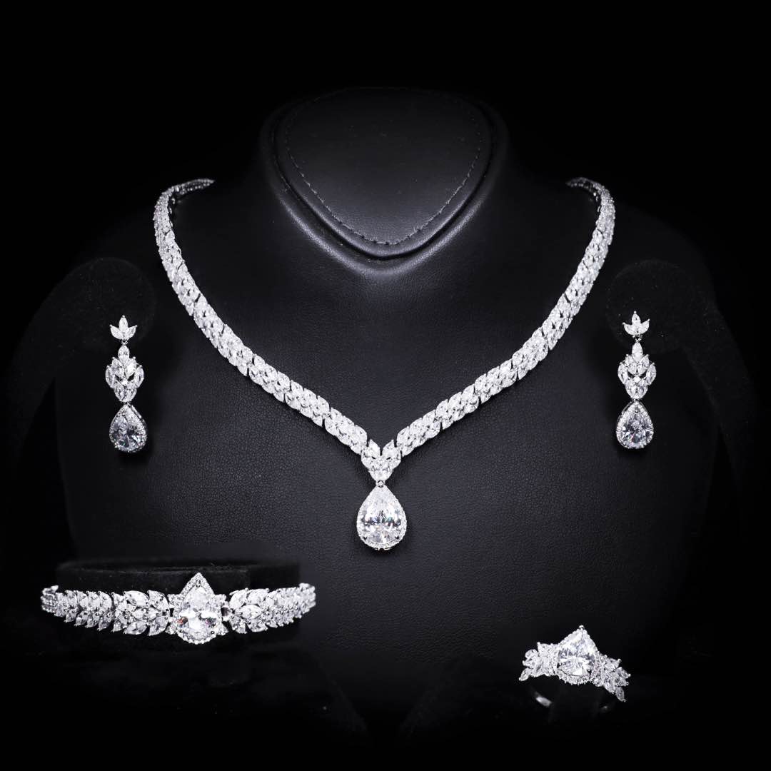Omnia Aamira Teardrop-Design Bridal Crystal White Full Set with  High Quality Zircon Stone Premium Rhodium Plated
