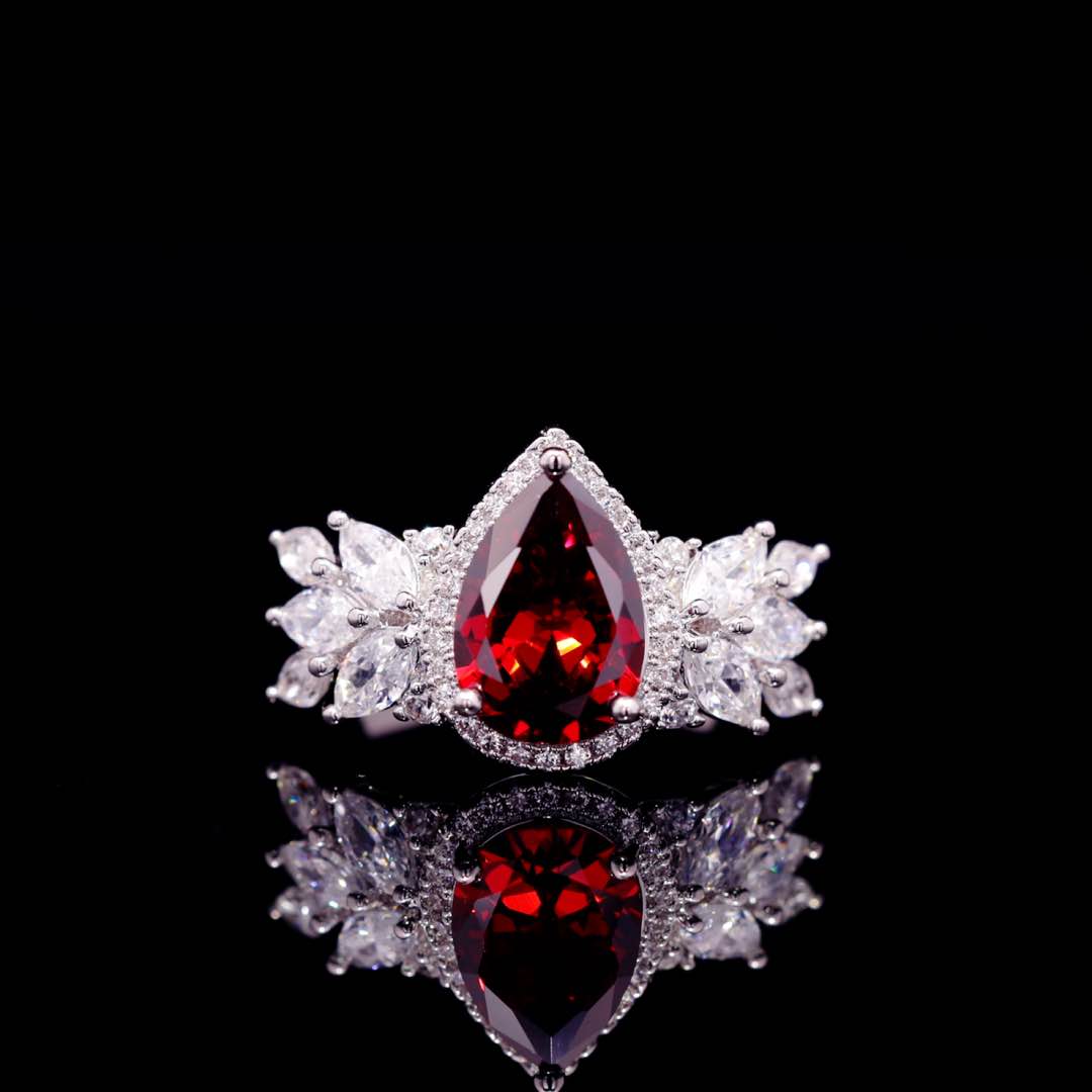 Omnia Aamira Teardrop-Design Bridal Red Full Set with  High Quality Zircon Stone Premium Rhodium Plated (Size 18cm Ring Size 7 Only available in KSA)