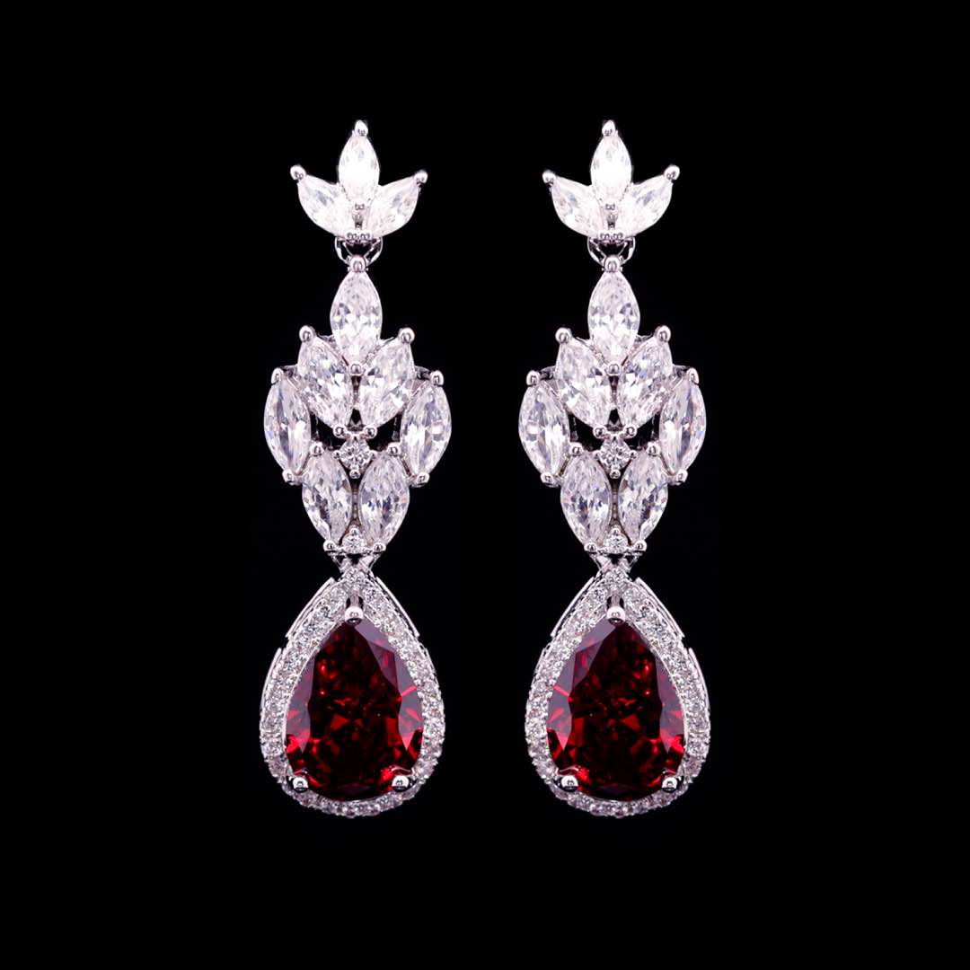 Omnia Aamira Teardrop-Design Bridal Red Full Set with  High Quality Zircon Stone Premium Rhodium Plated (Size 18cm Ring Size 7 Only available in KSA)