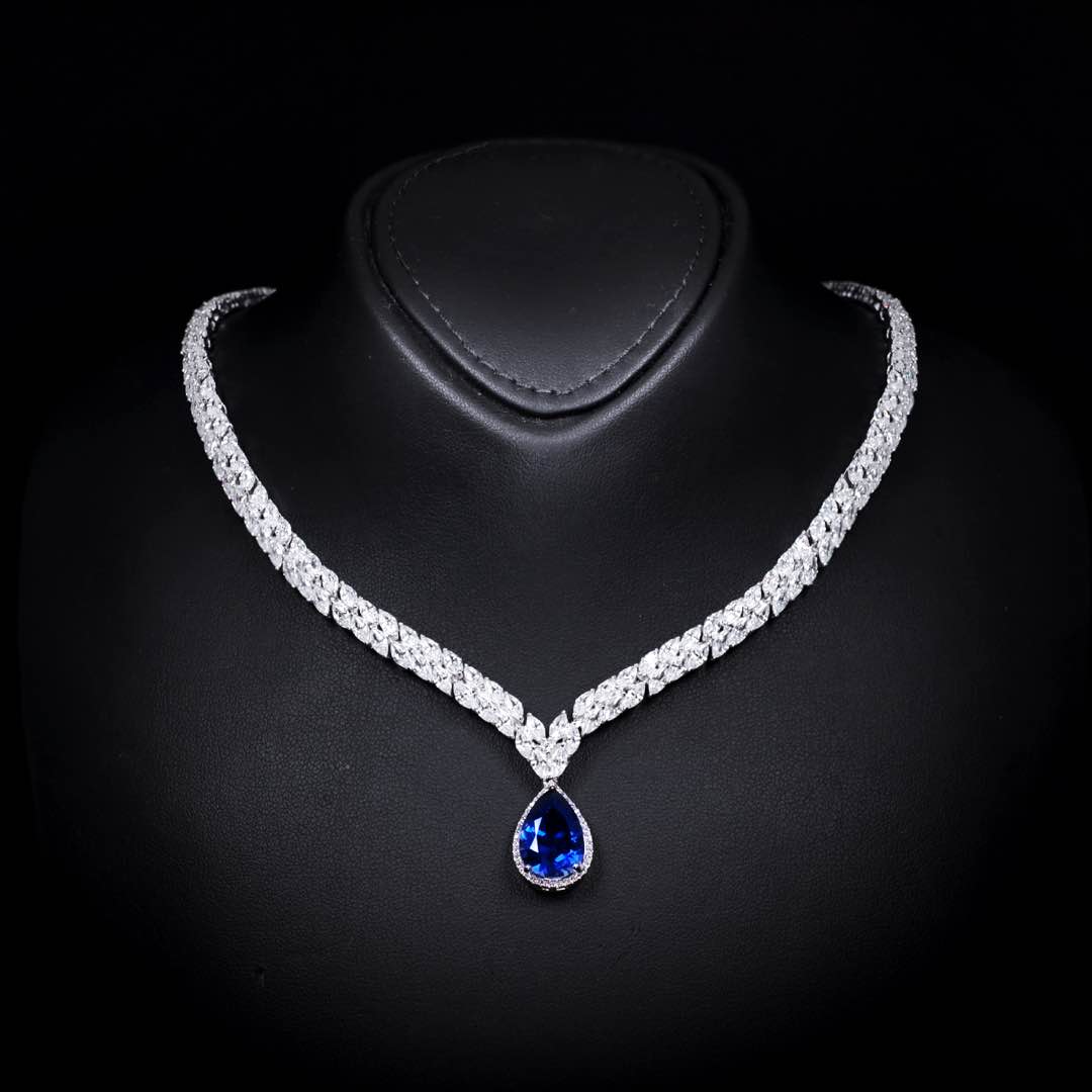 Omnia Aamira Teardrop-Design Bridal Navy Blue Full Set with  High Quality Zircon Stone Premium Rhodium Plated