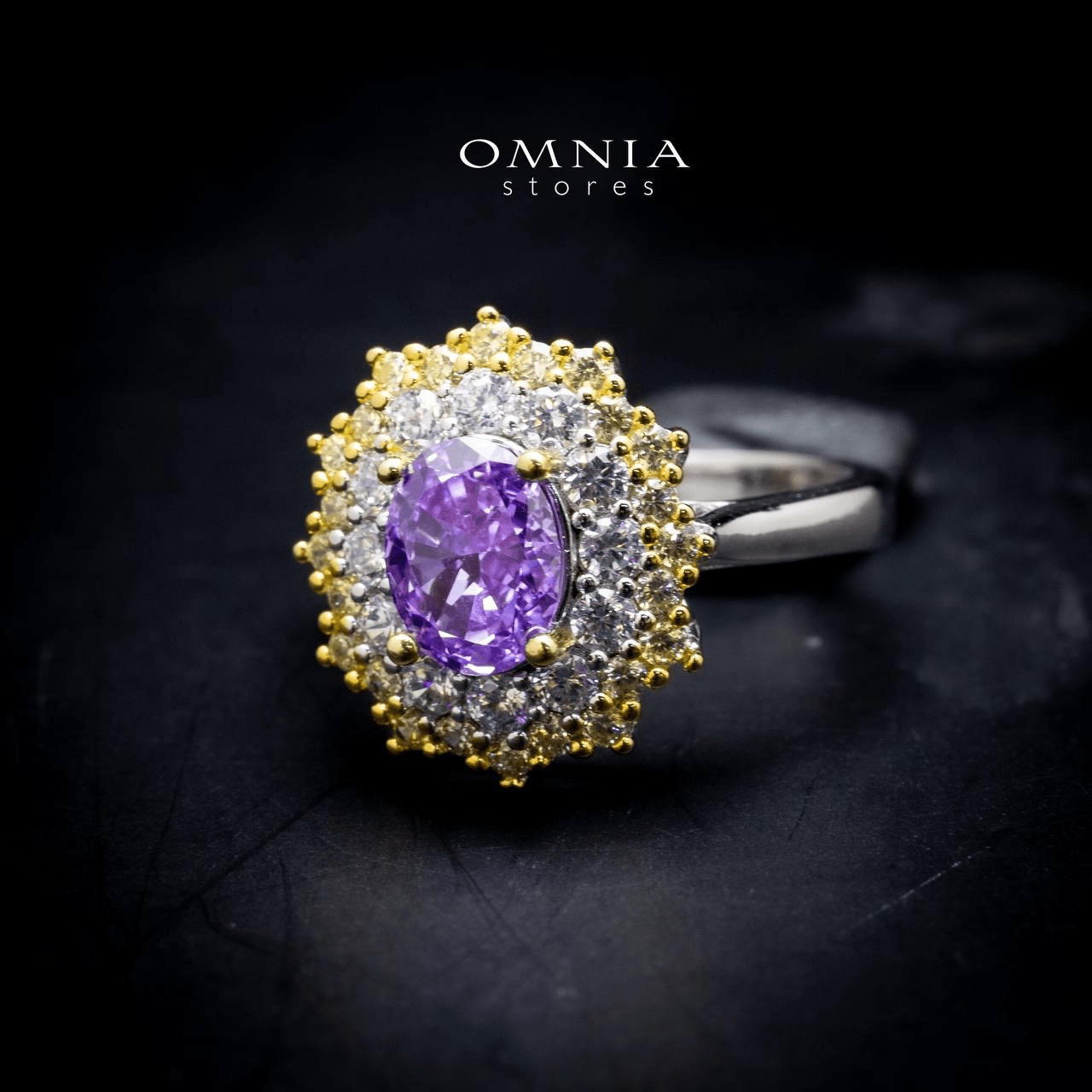 Omnia Faryal Oval Purple Stone Ring in 92.5 Silver with High Quality Simulated Diamonds - OMNIASTORES UAE