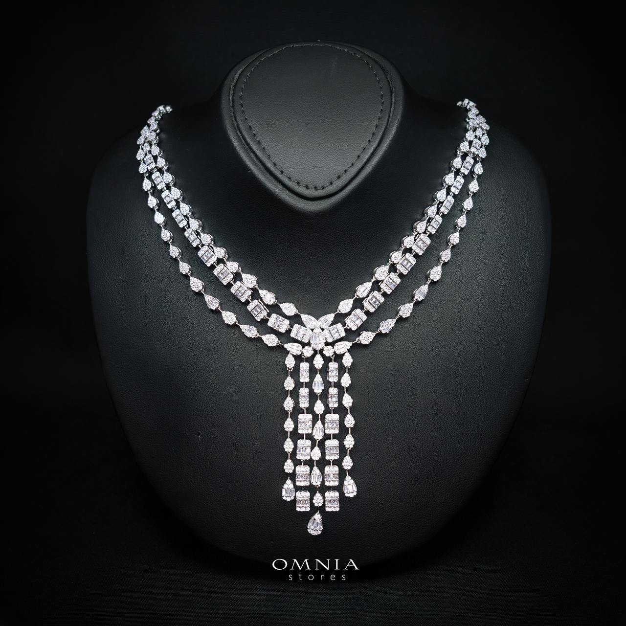 Zahida Elegant White Cascading Tassel Chandelier Bridal Full Set with Premium Zircon Stones, Rhodium-Plated Finish
