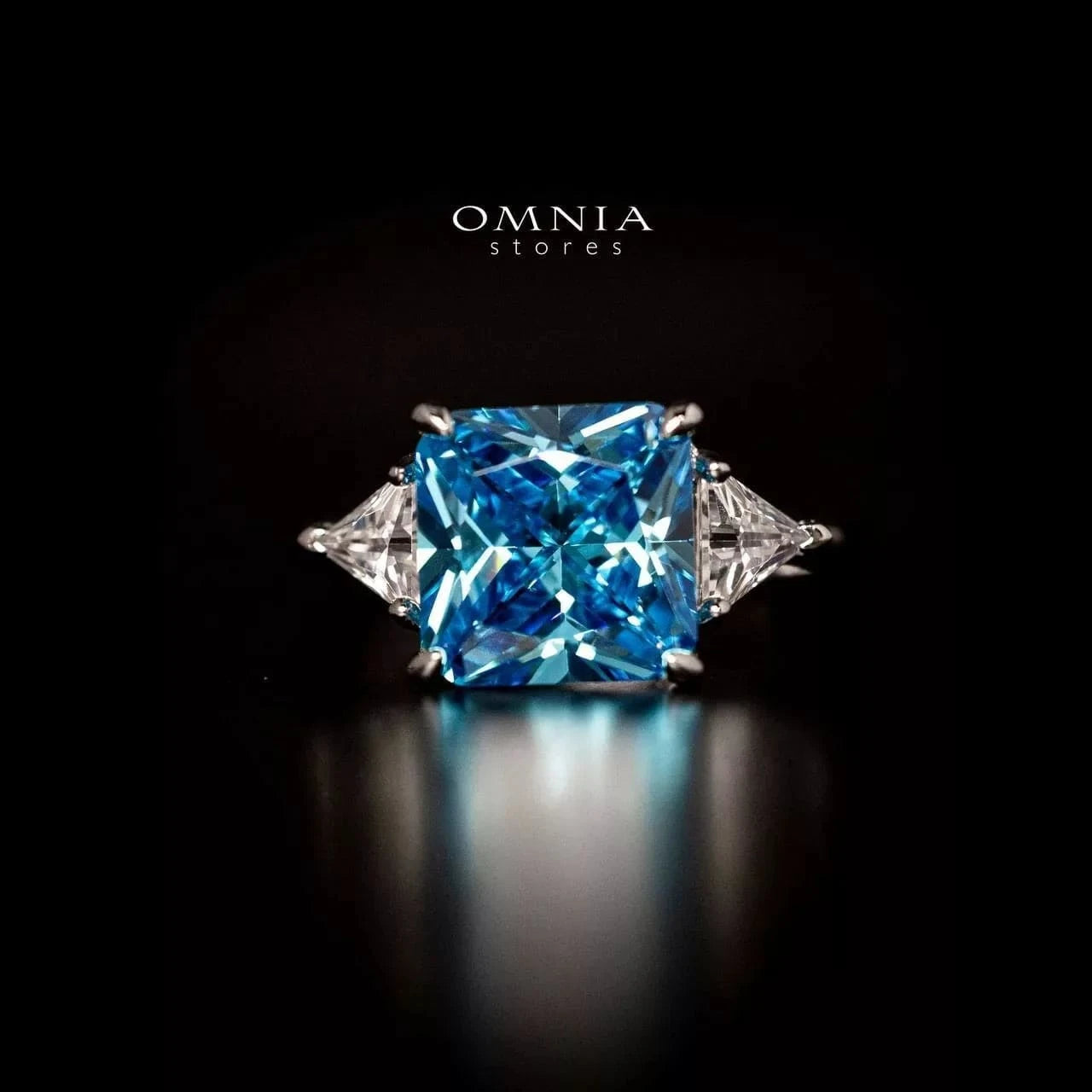 Omnia Manal Princess Cut Sky Blue Ring in 92.5 Silver with High Quality Simulated Diamonds - OMNIASTORES UAE