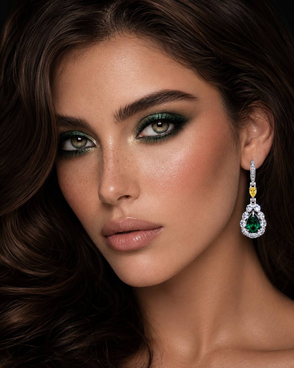أقراط متدلية من أمنية أمارة، مرصعة بأحجار خضراء وصفراء من الفضة عيار 925، مع ماس محاكي عالي الجودة.