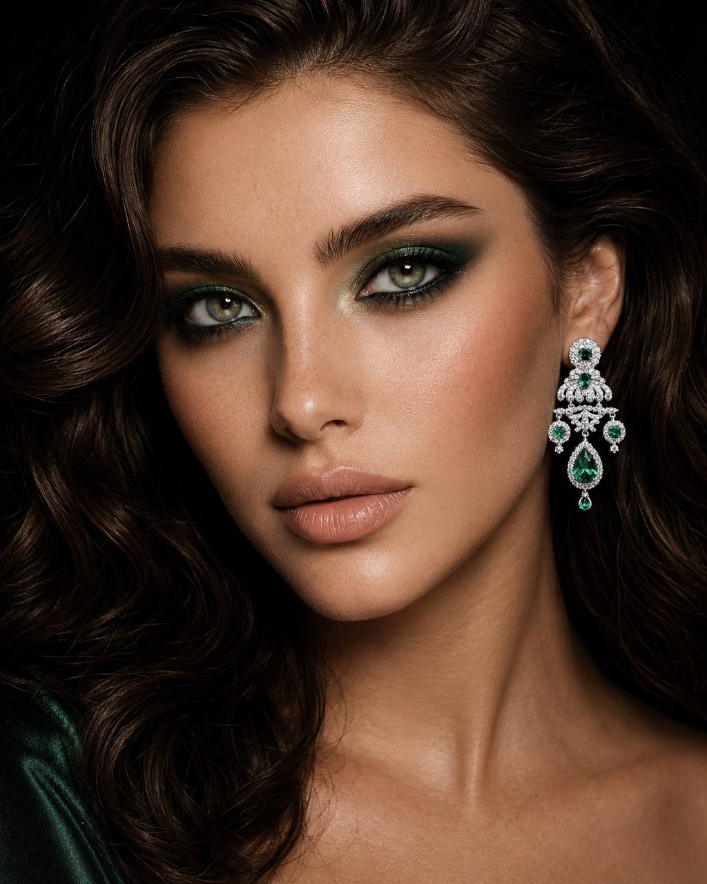 Omnia Amani Chandelier Earrings with Emerald Green Simulated Diamonds in 925 Silver