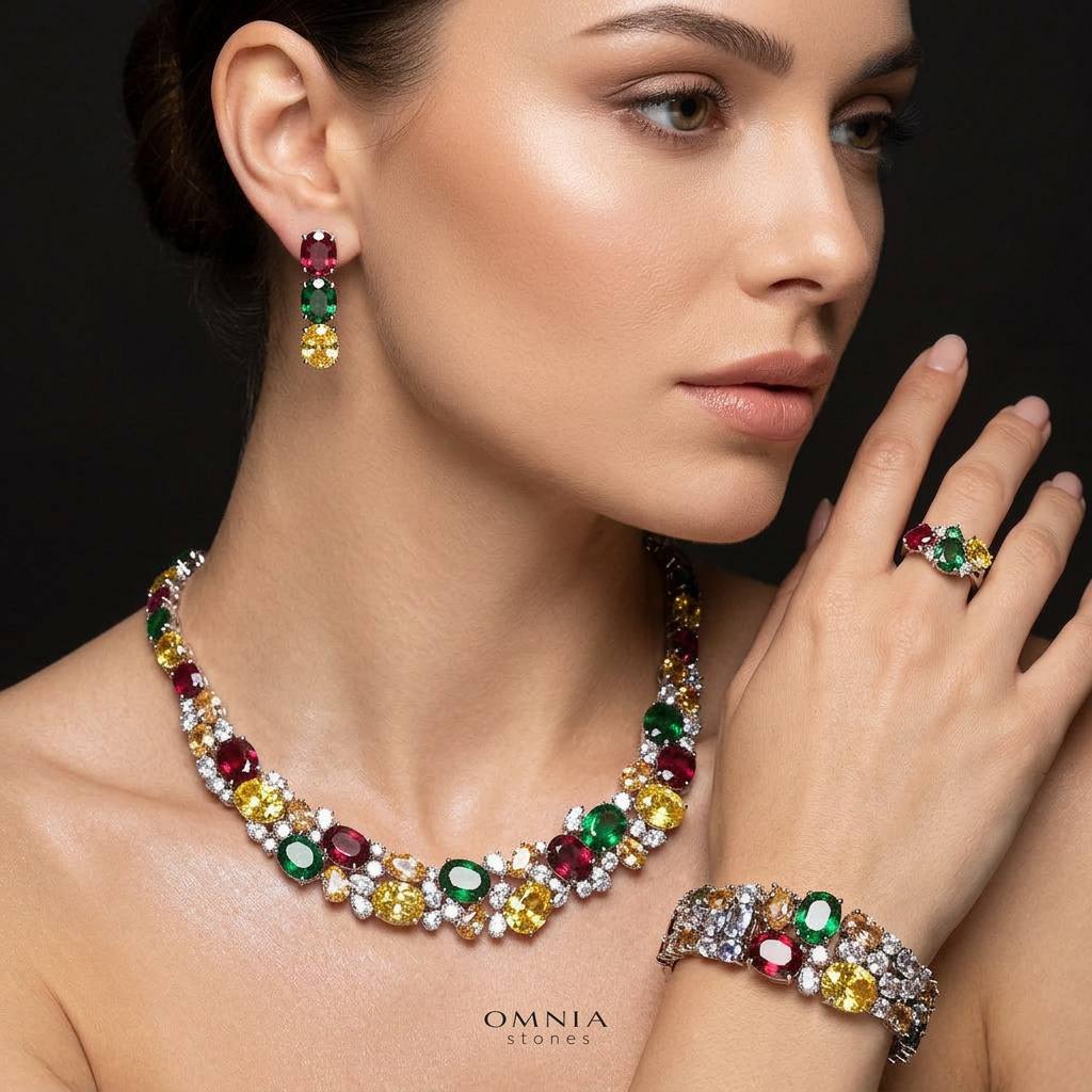 Omnia Artemis Bridal Set in Green Yellow and Red Simulated Diamonds