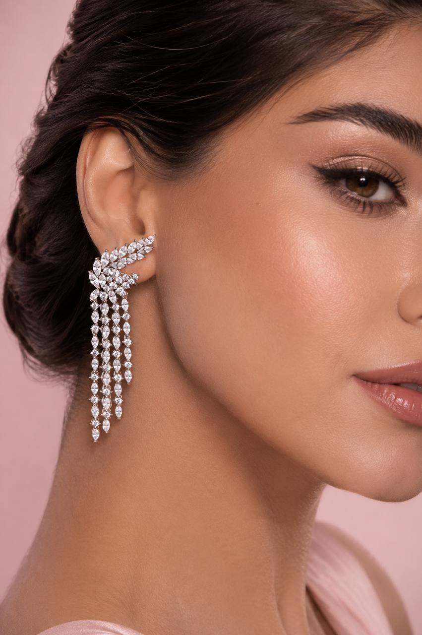 Omnia Aurora Winged Cascade Earrings in 925 Silver with Marquise and Baguette-Cut High-Quality Simulated Diamonds