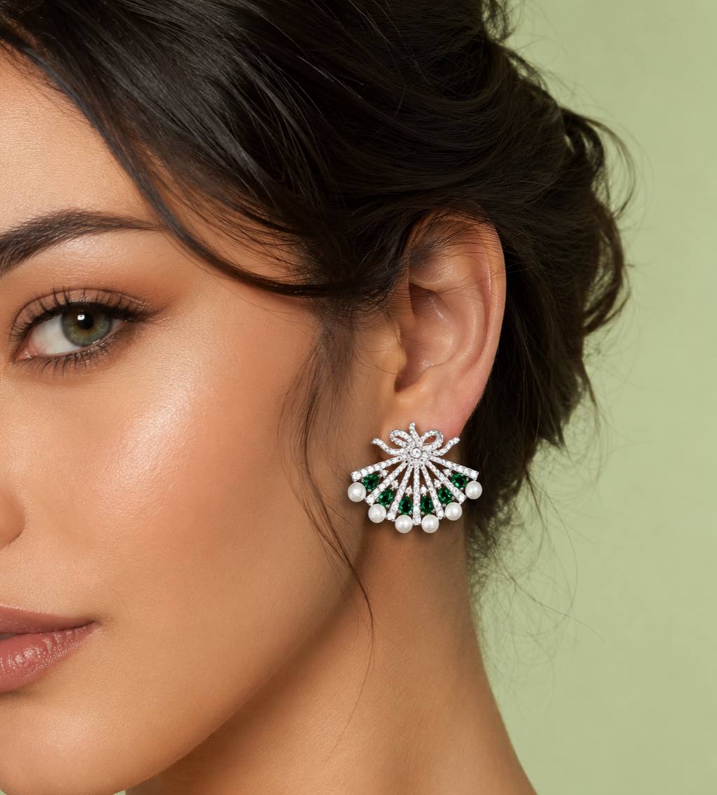Omnia Azra Pearl White and Green Earrings With High Quality Certified Lab Crafted Stones In 925 Silver