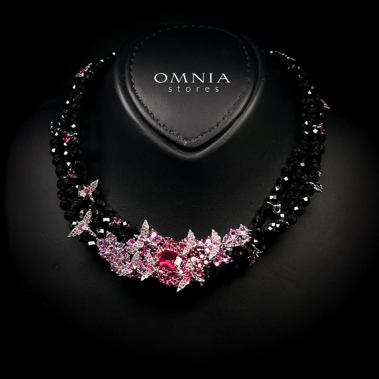 Omnia Blossom Black Beads Necklace in 925 Silver with High Quality Simulated Diamonds