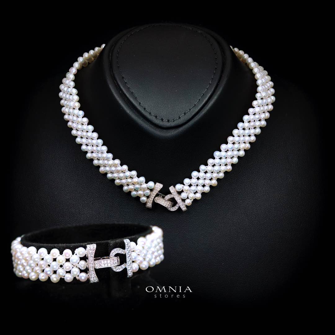 Omnia Alice Fresh Water Pearl Necklace and Bracelet Set with 925 Silver High Quality Simulated Diamonds Stones