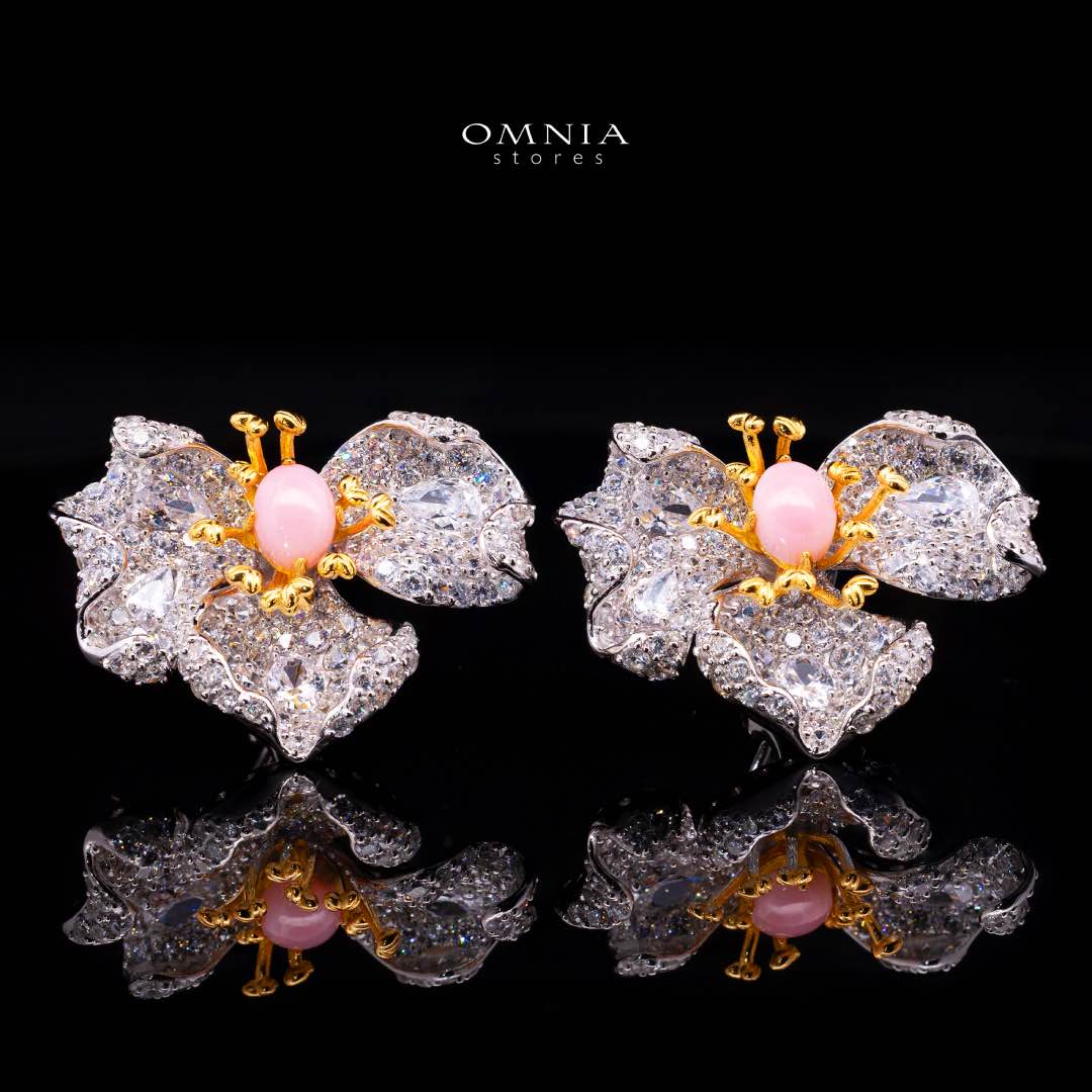 Omnia Fiora Pink Coral Flower Silver Clip Earrings in 925 Silver High Quality White Simulated Diamond Stones