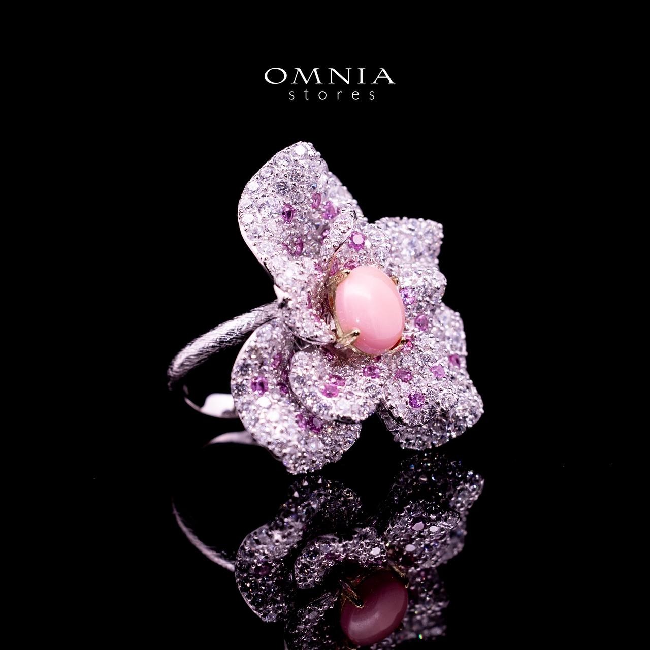 Omnia Anita Pink Coral Flower Ring in 925 Silver High Quality Purple and White Simulated Diamonds