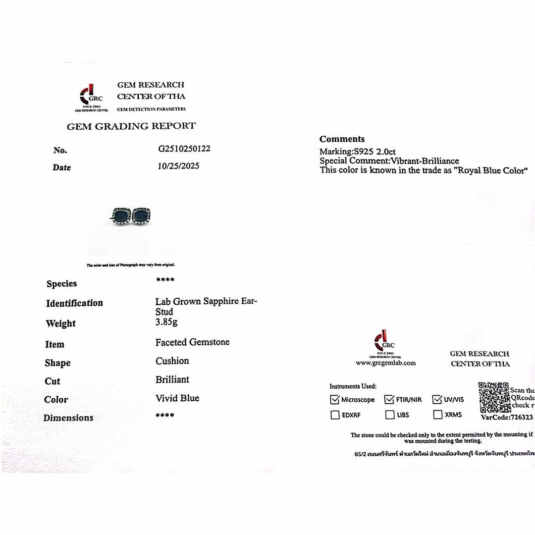 Omnia Dareema Silver Square Stud Earrings 925 Silver in GRC Certifited High Quality Sapphire Blue Lab Grown Stones