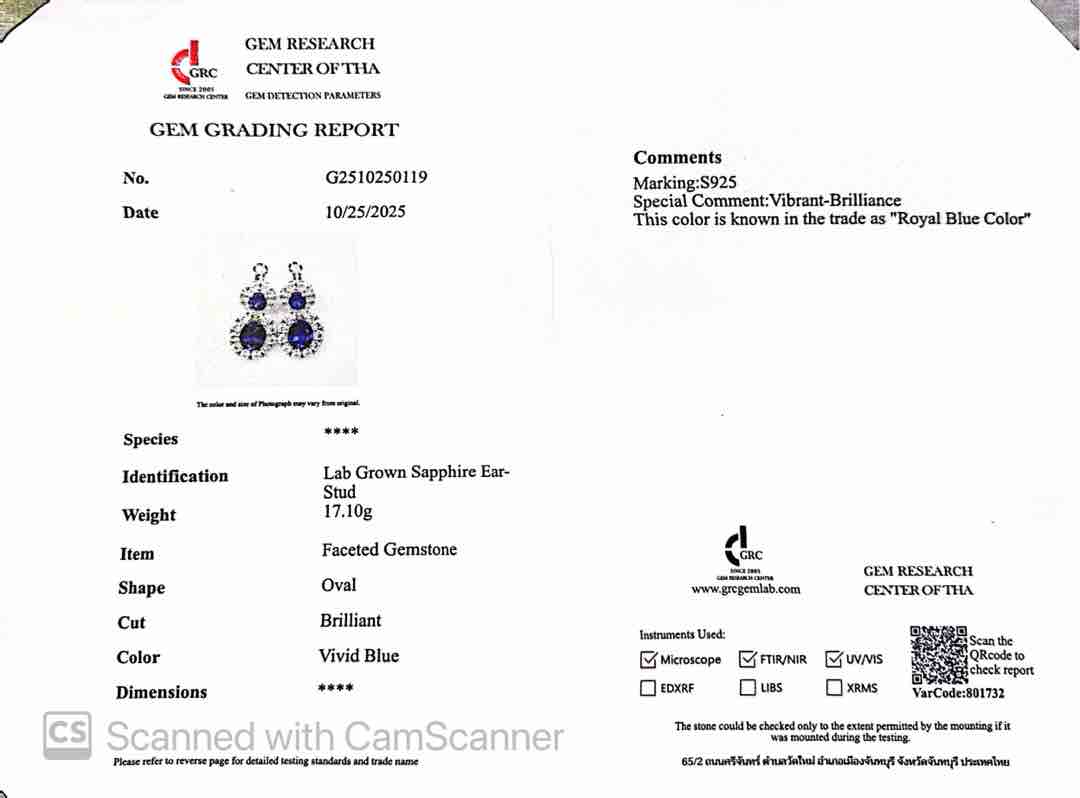 Omnia Nalia Silver Oval Drop Earrings 925 Silver in GRC Certifited High Quality Blue Sapphite Lab Grown Stones