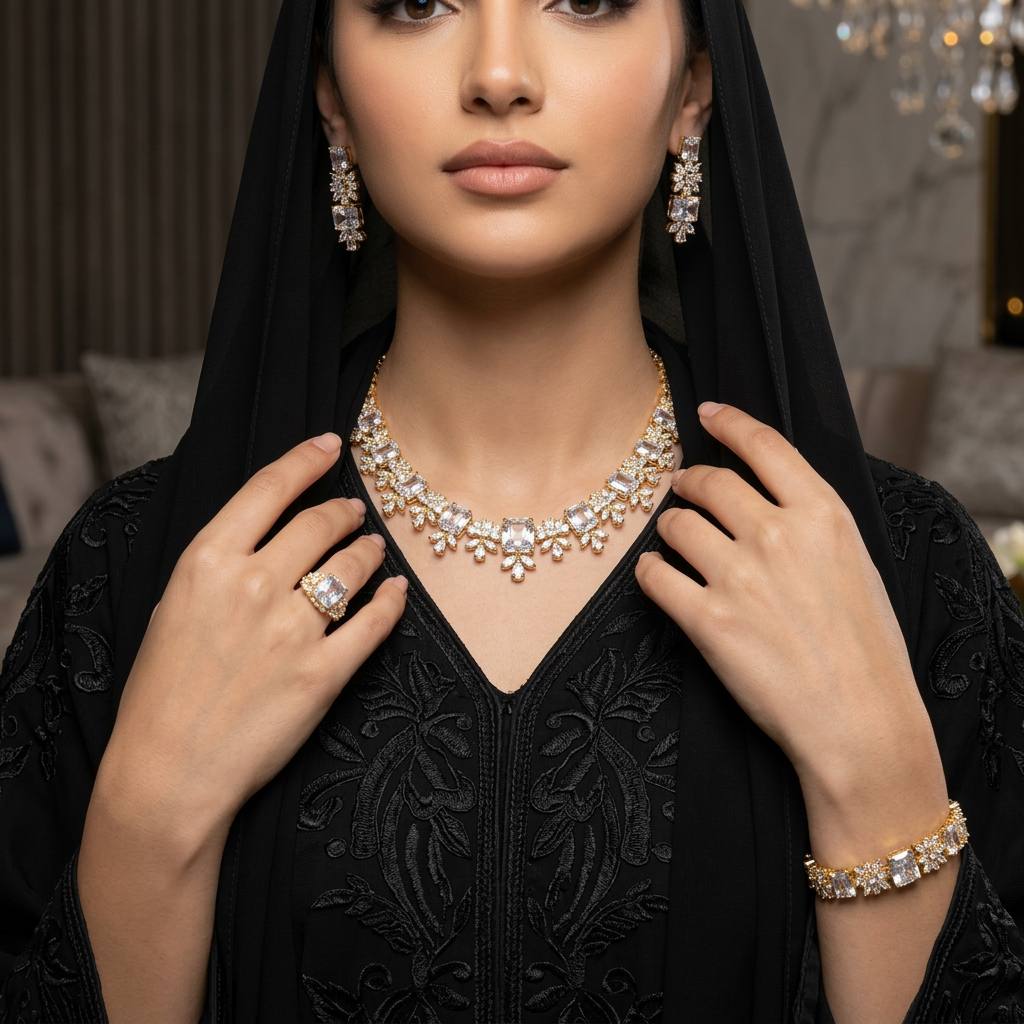 Omnia Charlotte Gold Luxry Bridal Full Set with Emerald and Pear-Cut High-Quality Simulated Diamonds Rhodium Plated