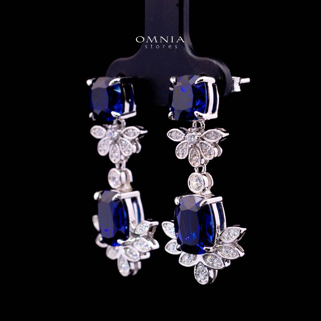 Omnia Miray White and Blue Floral Earrings With High Quality Sapphire Lab Grown Stones in 925 Silver
