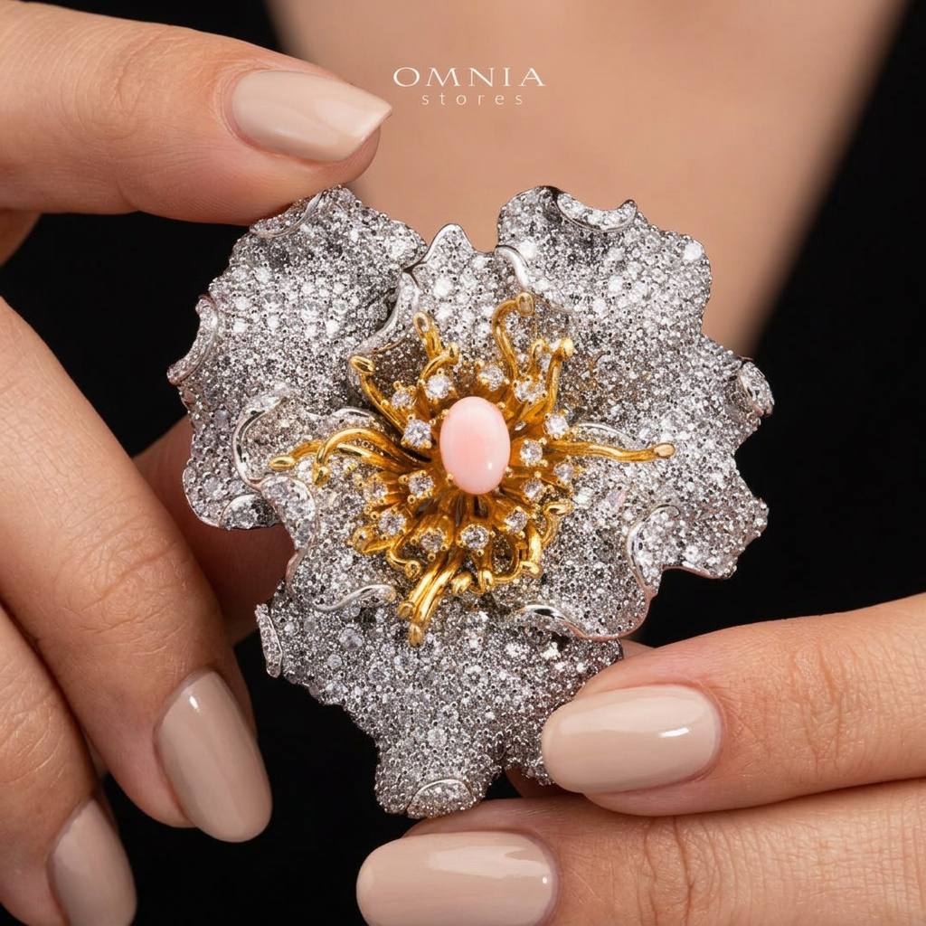 بروش أومنيا فيورا الزهري المرجاني الوردي من الفضة عيار 925 مرصع بأحجار ألماس صناعية بيضاء عالية الجودة