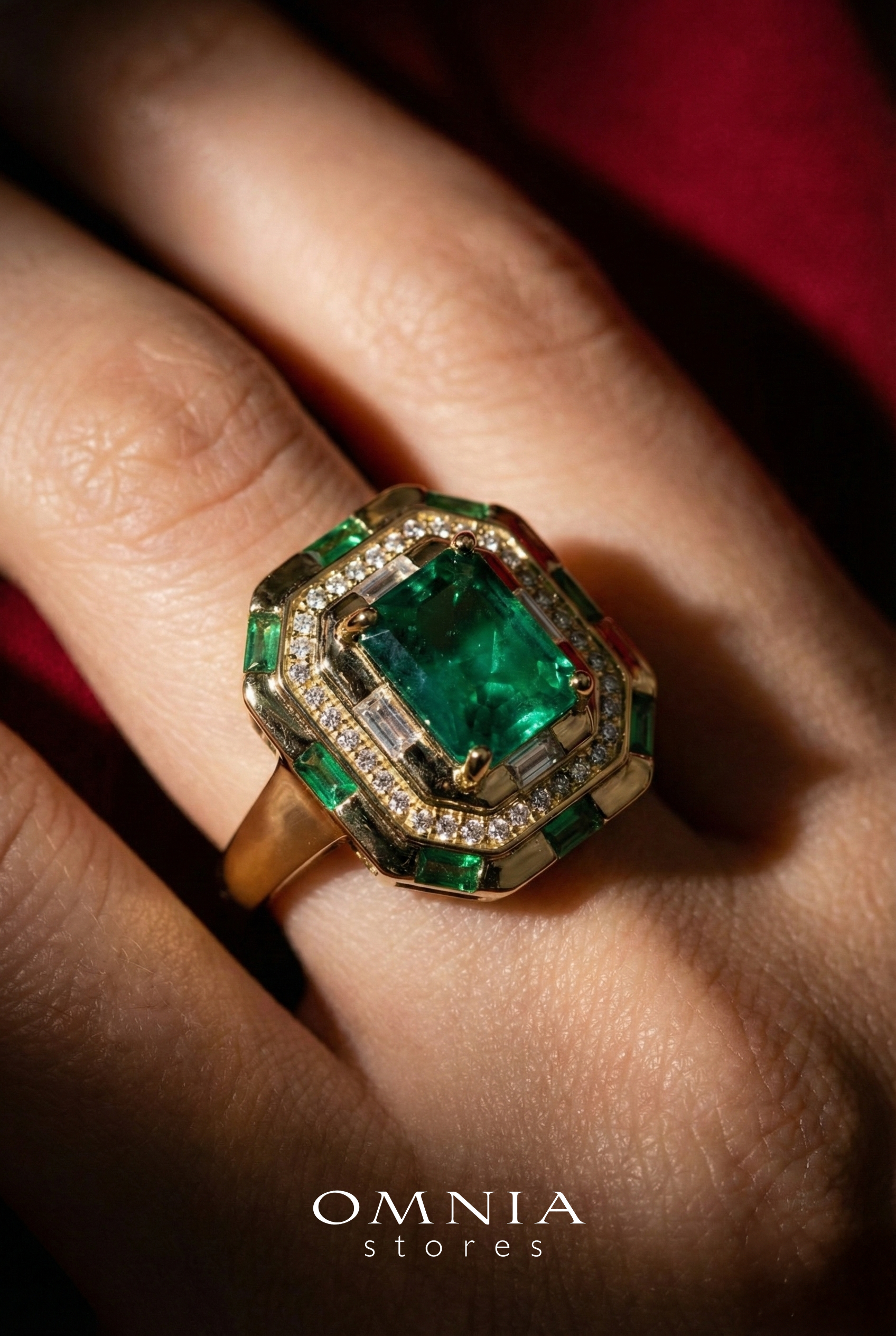 Omnia Zyra Emerald Green Golden Ring in 925 Silver with High Quality Simulated Diamonds