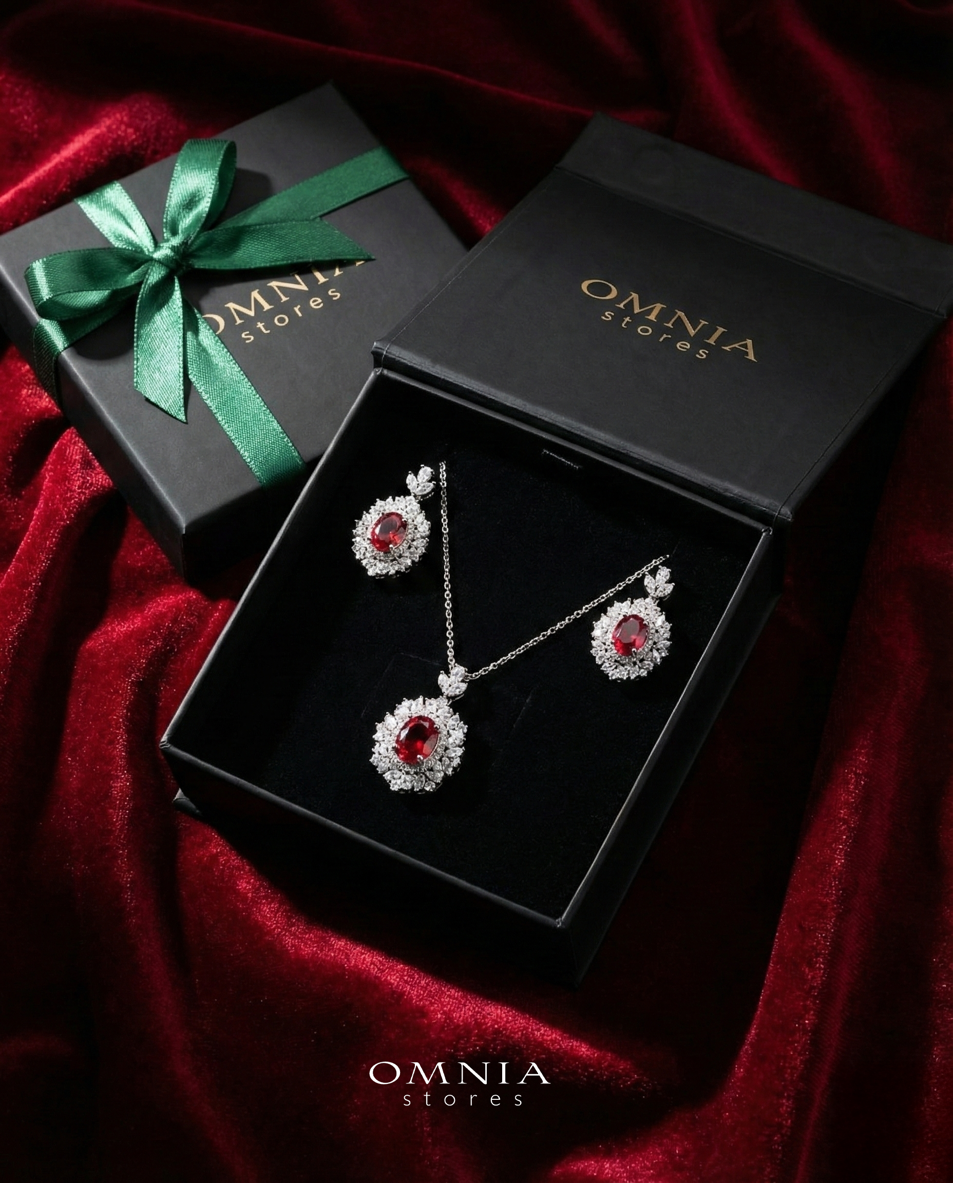 Omnia Esma Silver Necklace and Earrings Set in 925 Silver With High Quality GRC Certified Ruby Red Lab Grown Stones