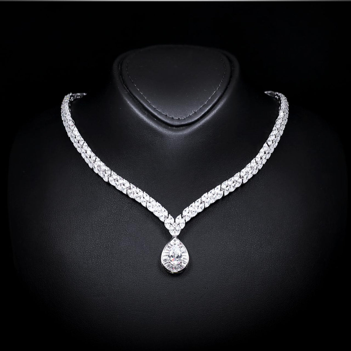 Harlyn White Luxury Bridal Necklace with High-Quality Zircon Stones Rhodium-Plated Finish
