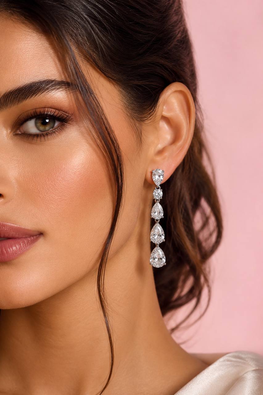 Hayaa Elegance Drop Earrings In 925 Silver High Quality Simulated Diamonds