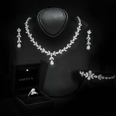 Omnia Shamsa Pearl Bridal Full Set in 925 Silver with High-Quality White Zircon Stones
